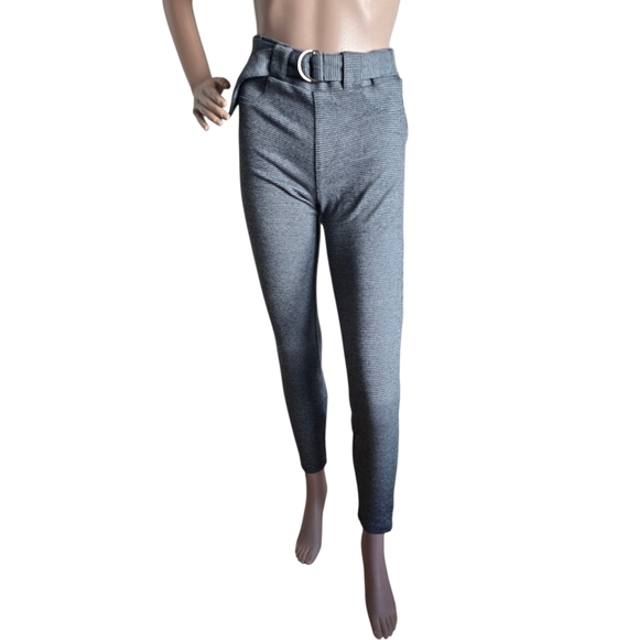 SUZY SHIER Women's Gray/White Houndstooth High-Waist Skinny Pants With Belt - Picture 2 of 16